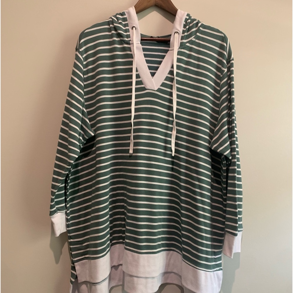 Jane + Delancey Striped Sage Green Drawstring Hoodie Tunic Size 1X VGUC